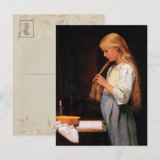 Meisje dat haar haar haar haar haar breekt en een briefkaart