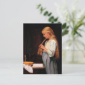 Meisje dat haar haar haar haar haar breekt en een  briefkaart (Staand voorkant)