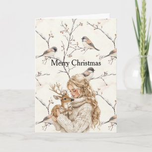 Meisje dat herten vogels boom room Kerstmis vastho Kaart
