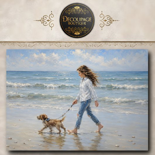 Meisje dat hond over het strand loopt Decoupage Tissuepapier