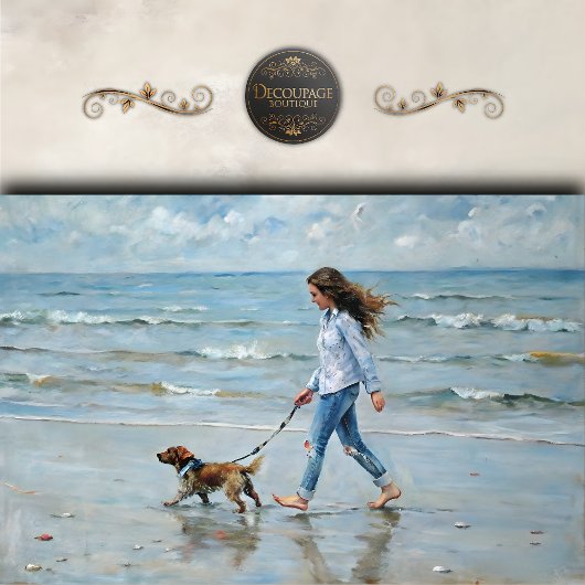 Meisje dat hond over het strand loopt Découpage Tissuepapier