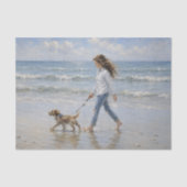 Meisje dat hond over het strand loopt Decoupage Tissuepapier (Voorkant)