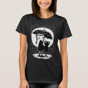 Meisje dat in de regen staat met een vreemde kat o t-shirt