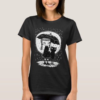 Meisje dat in de regen staat met een vreemde kat o t-shirt
