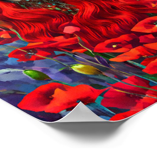 Meisje dat in het veld papaverbloemen ligt poster (Hoek)