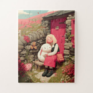 Meisje dat konijn knuffelt bij stenen huisje legpuzzel