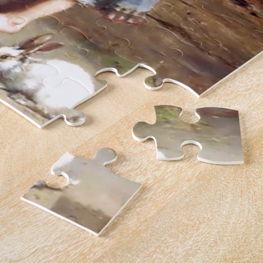 Meisje dat konijnenbrokken voedt legpuzzel (Zijkant)