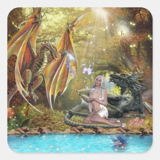 Meisje dat leeft met dragons vierkante sticker (Voorkant)