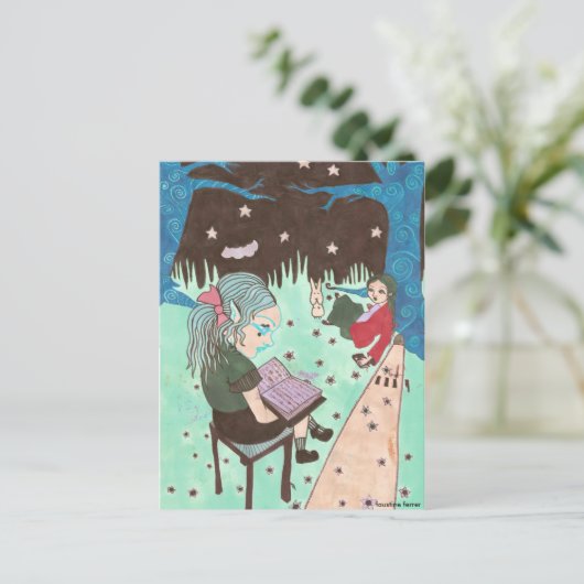 meisje dat nachtsterren leest briefkaart (Staand voorkant)