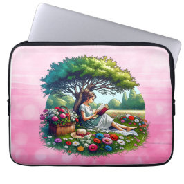 Meisje dat op een rustige dag een boek leest onder laptop sleeve