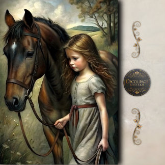 Meisje dat paard wandelt landelijk scène decoupage tissuepapier