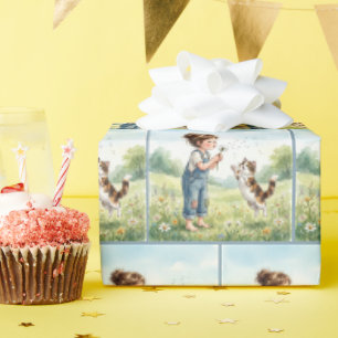 Meisje dat paardenbloempluis wegblaast met kat cadeaupapier