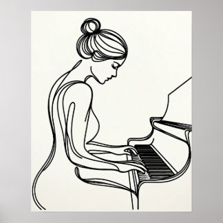 Meisje dat piano speelt - Line Art Poster