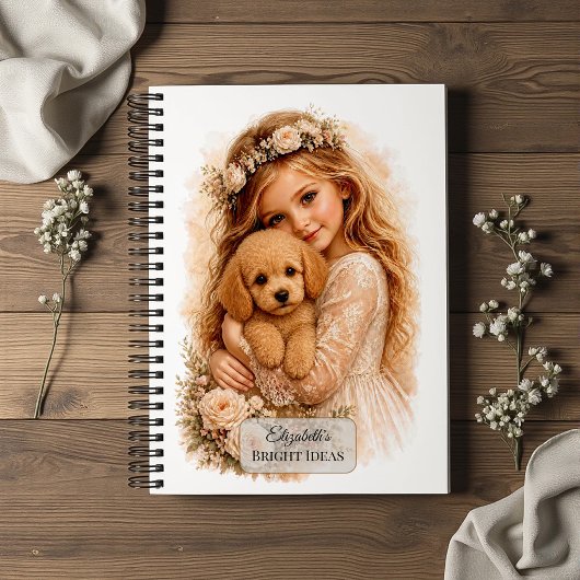 Meisje dat poedel pup omhelst notitieboek