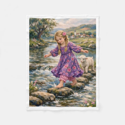Meisje dat rivier oversteekt met lamswollen deken (Voorkant)