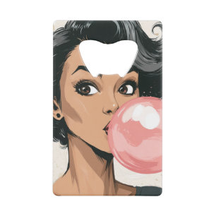 Meisje dat roze kauwgom bubbel blaast Leuk Cute Creditkaart Flessenopener
