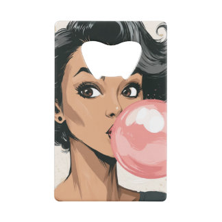 Meisje dat roze kauwgom bubbel blaast Leuk Cute Creditkaart Flessenopener