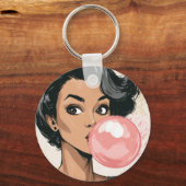 Meisje dat roze kauwgom bubbel blaast Leuk Cute Sleutelhanger (Voorkant)