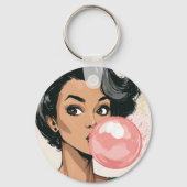 Meisje dat roze kauwgom bubbel blaast Leuk Cute Sleutelhanger (Achterkant)