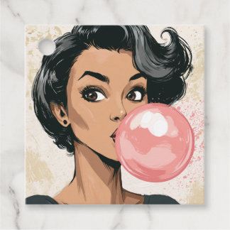Meisje dat roze kauwgom bubbelblaas leuk en schatt bedankjes labels