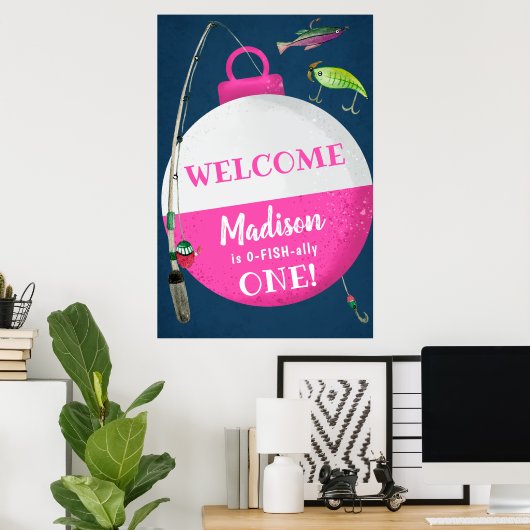 Meisje dat visst O-FISH-ally verjaardags welkom Poster (Thuiskantoor)