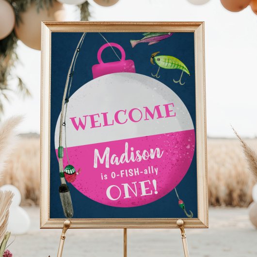 Meisje dat visst O-FISH-ally verjaardags welkom Poster