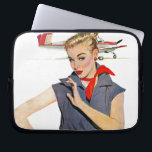 Meisje dat vliegvliegtuigen stort laptop sleeve<br><div class="desc">Artiest:Coby Whitmore | Meisje voor het vliegtuig met blauw springpak en rode banaan</div>