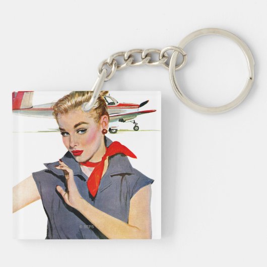 Meisje dat vliegvliegtuigen stort sleutelhanger (Achterkant)