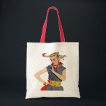 Meisje dat vliegvliegtuigen stort tote bag<br><div class="desc">Artiest:Coby Whitmore | Meisje voor het vliegtuig met blauw springpak en rode banaan</div>