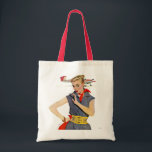 Meisje dat vliegvliegtuigen stort tote bag<br><div class="desc">Artiest:Coby Whitmore | Meisje voor het vliegtuig met blauw springpak en rode banaan</div>