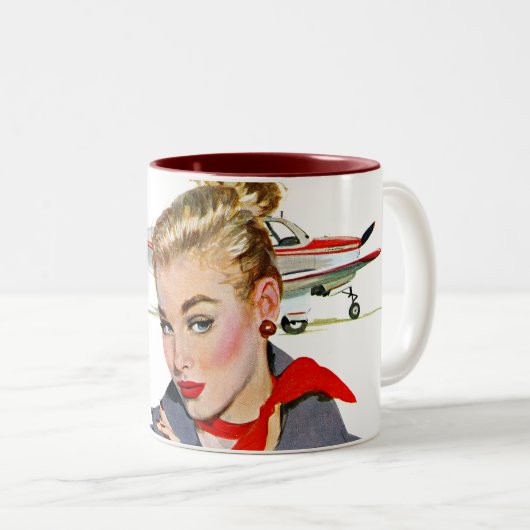 Meisje dat vliegvliegtuigen stort tweekleurige koffiemok (Voorkant rechts)