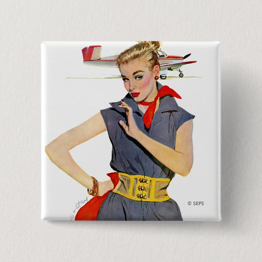 Meisje dat vliegvliegtuigen stort vierkante button 5,1 cm (Voorkant)