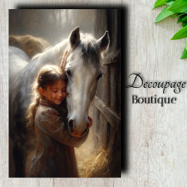 Meisje dat Witte Paard Knuffelt Decoupage Tissuepapier