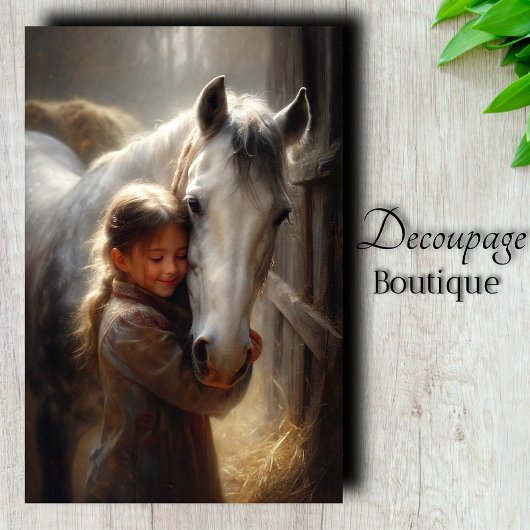 Meisje dat Witte Paard Knuffelt Decoupage Tissuepapier