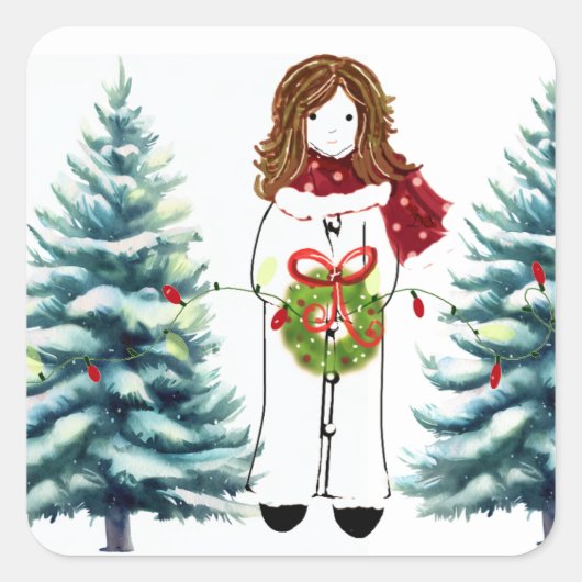 Meisje dat zich klaarmaakt voor Kerstmis Vierkante Sticker (Voorkant)