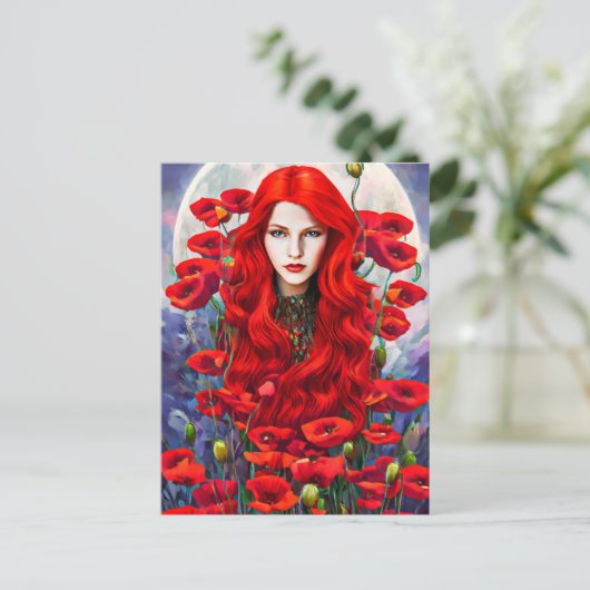 Meisje dat zich verschuilt in papaverbloemen briefkaart (Staand voorkant)