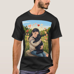 Meisje dat Zwarte Kat Knuffelt Illustratie van W T-shirt