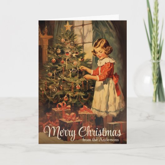 Meisje Decorating Tree Custom Kerstmis Feestdagen Kaart (Voorkant)