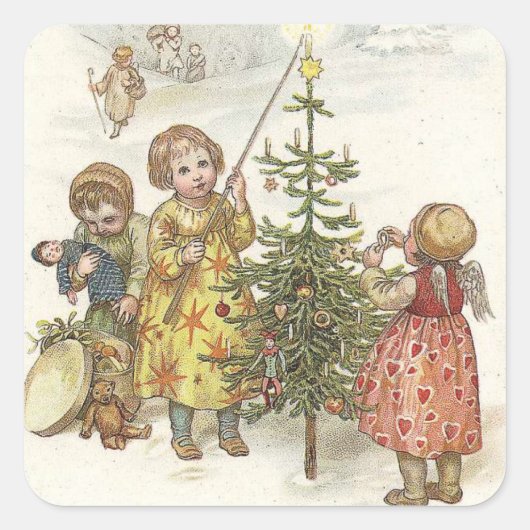 Meisje decoreren Kerstboom  Vierkante Sticker (Voorkant)