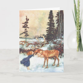 "Meisje die een rendier" kussen Vintage Kerstkaart Feestdagen Kaart
