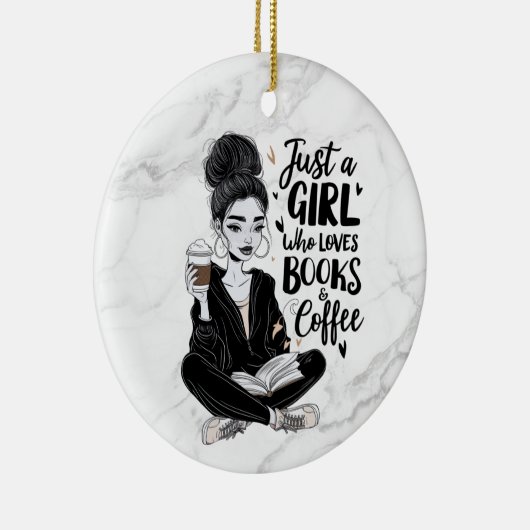 Meisje die van boeken en koffie houdt Custom Black Keramisch Ornament (Rechts)