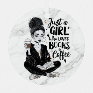 Meisje die van boeken en koffie houdt Custom Black Metalen Ornament