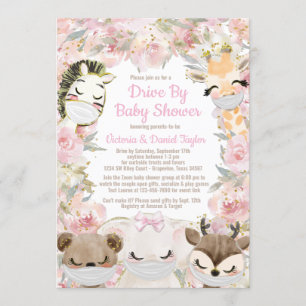 Meisje Dieren Met Maskers Drive By Baby Shower Kaart