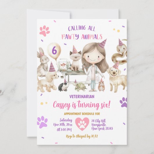 Meisje Dierenartsdieren Kids Verjaardagsfeest Kaart (Voorkant)
