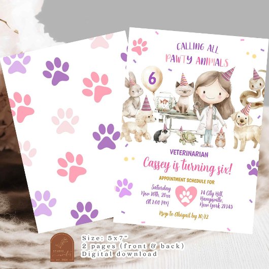Meisje Dierenartsdieren Kids Verjaardagsfeest Kaart