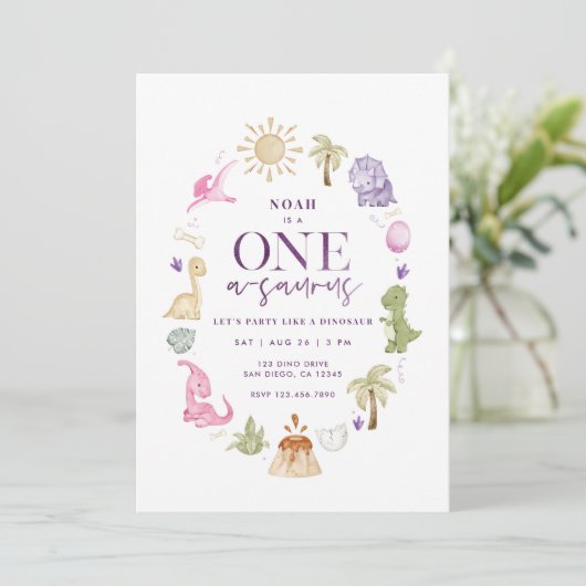Meisje Dino One-a-saurus 1e verjaardag uitnodiging (Staand voorkant)