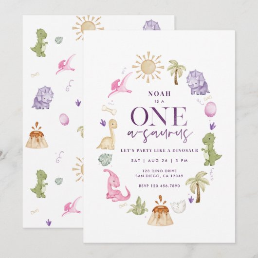 Meisje Dino One-a-saurus 1e verjaardag uitnodiging (Voorkant / Achterkant)