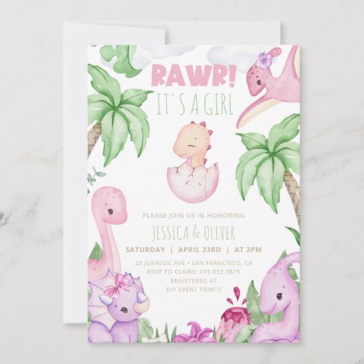 Meisje DINOSAUR Baby shower Invitation, Paarse Din Kaart (Voorkant)