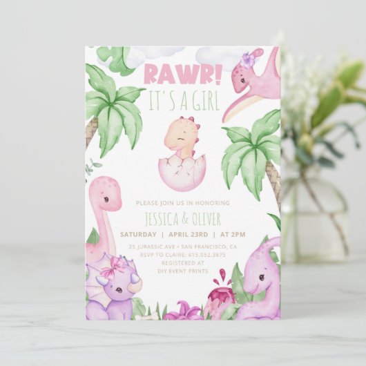 Meisje DINOSAUR Baby shower Invitation, Paarse Din Kaart (Staand voorkant)