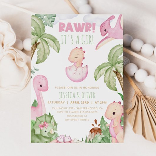 Meisje DINOSAUR Baby shower Invitation, Roze Dino Kaart